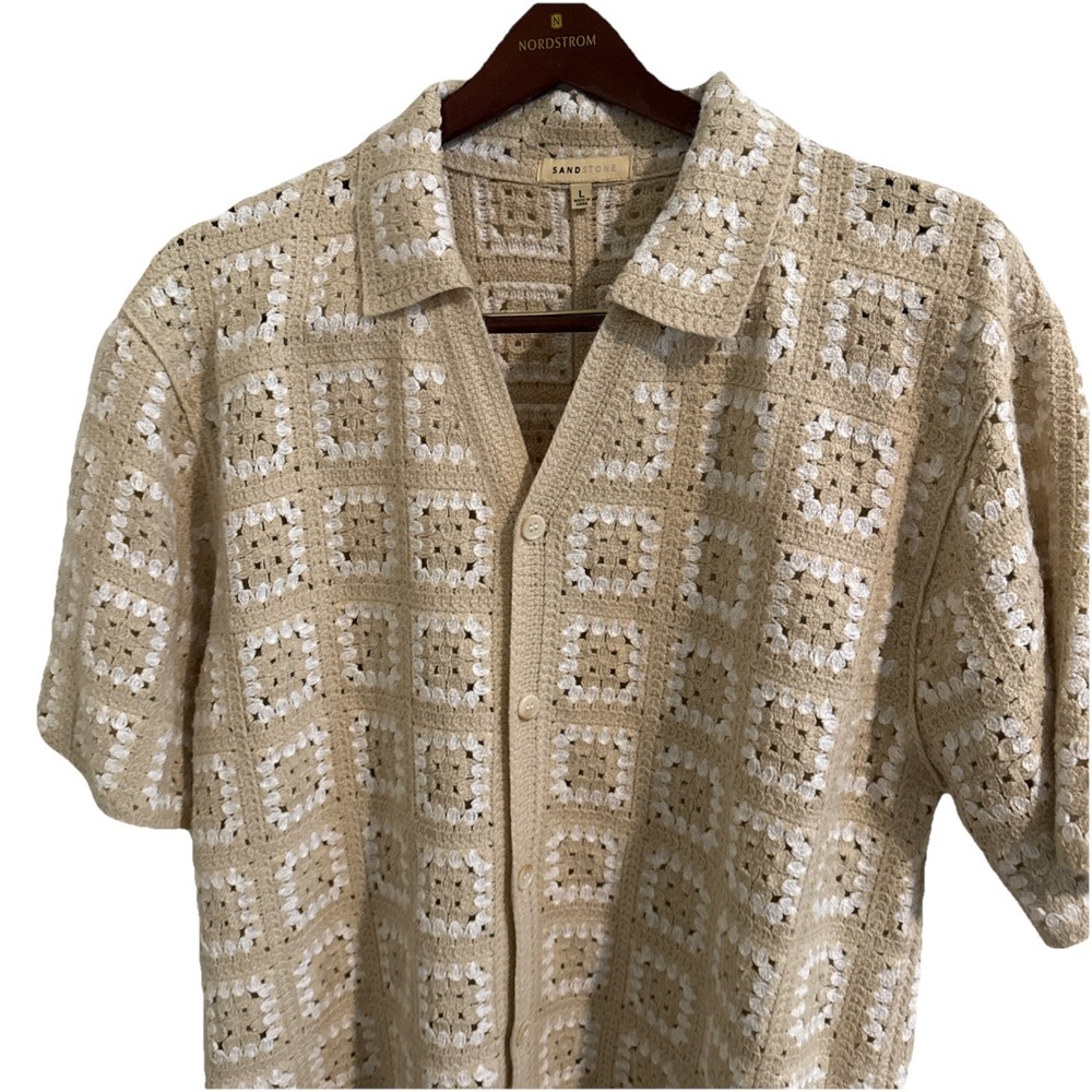 Sandstone Mens Crochet Button Open Knit Festival Sweater Tan & white Large - Picture 2 of 5